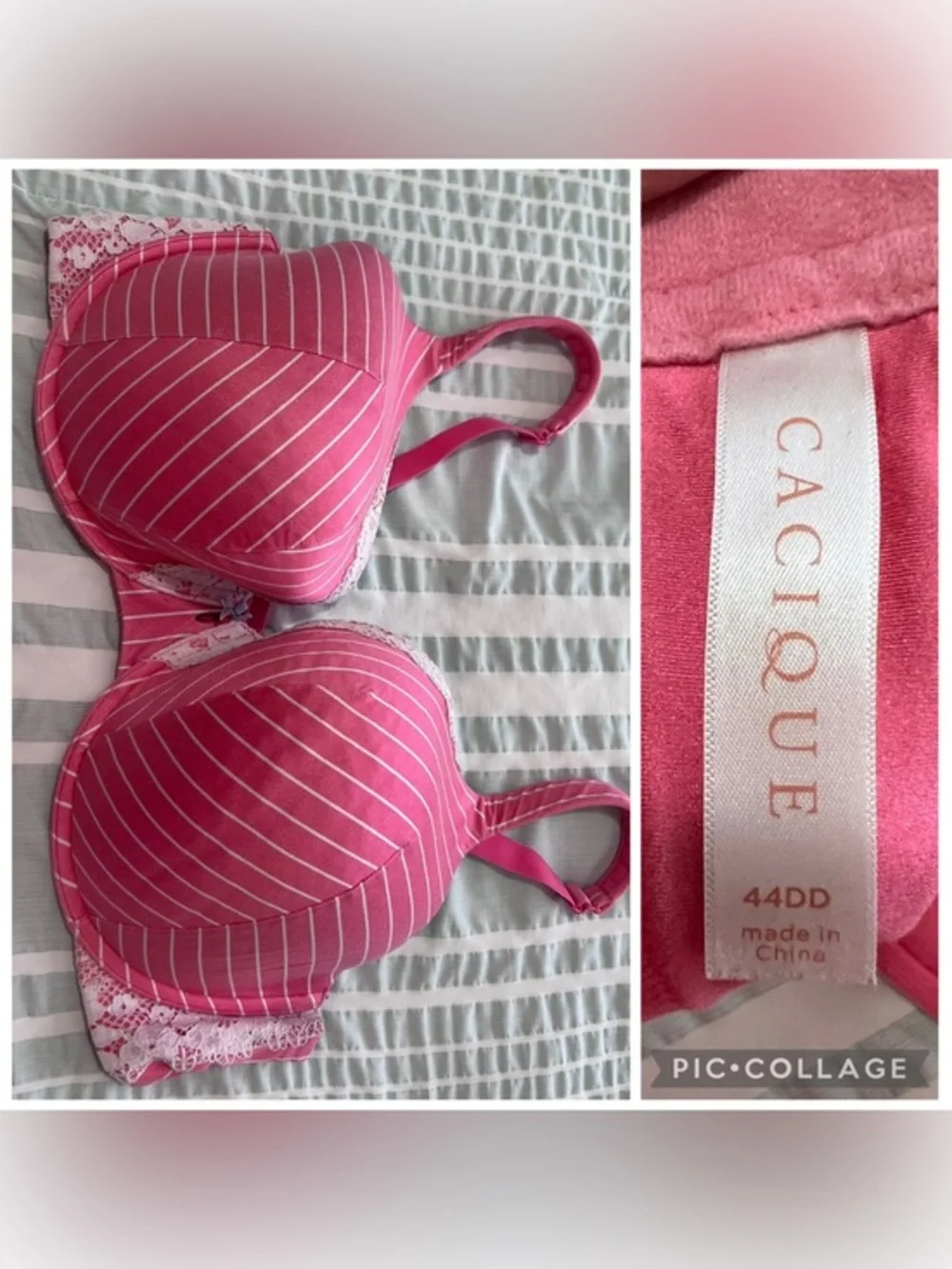 Cacique lightly lined full coverage Striped Lace Trim Bra - 44DD